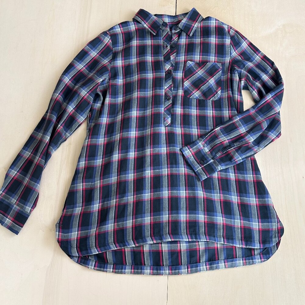 Columbia Sportswear 1/2 Button Tunic Flannel Top Shirt‎ Women's L Plaid Blue